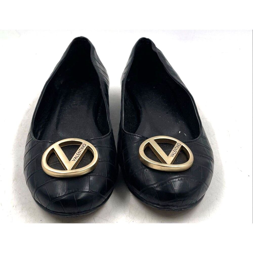 Authentic Valentino Womens Black Leather Slip-On Round Toe Ballet Flats Size 8